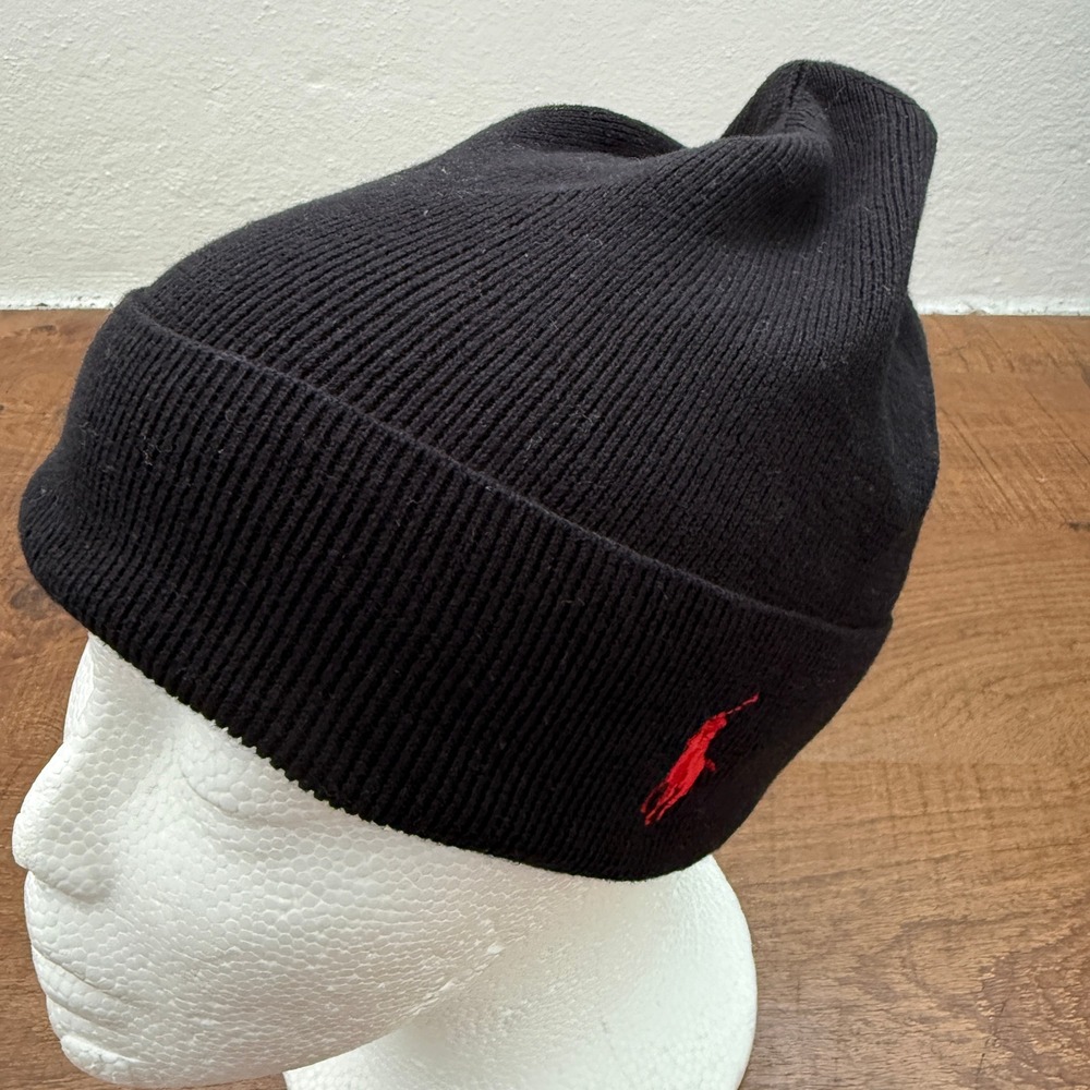 NWOT Polo Ralph Lauren Beanie Kids One Size Black Red Pony Logo Cotton Knit Hat